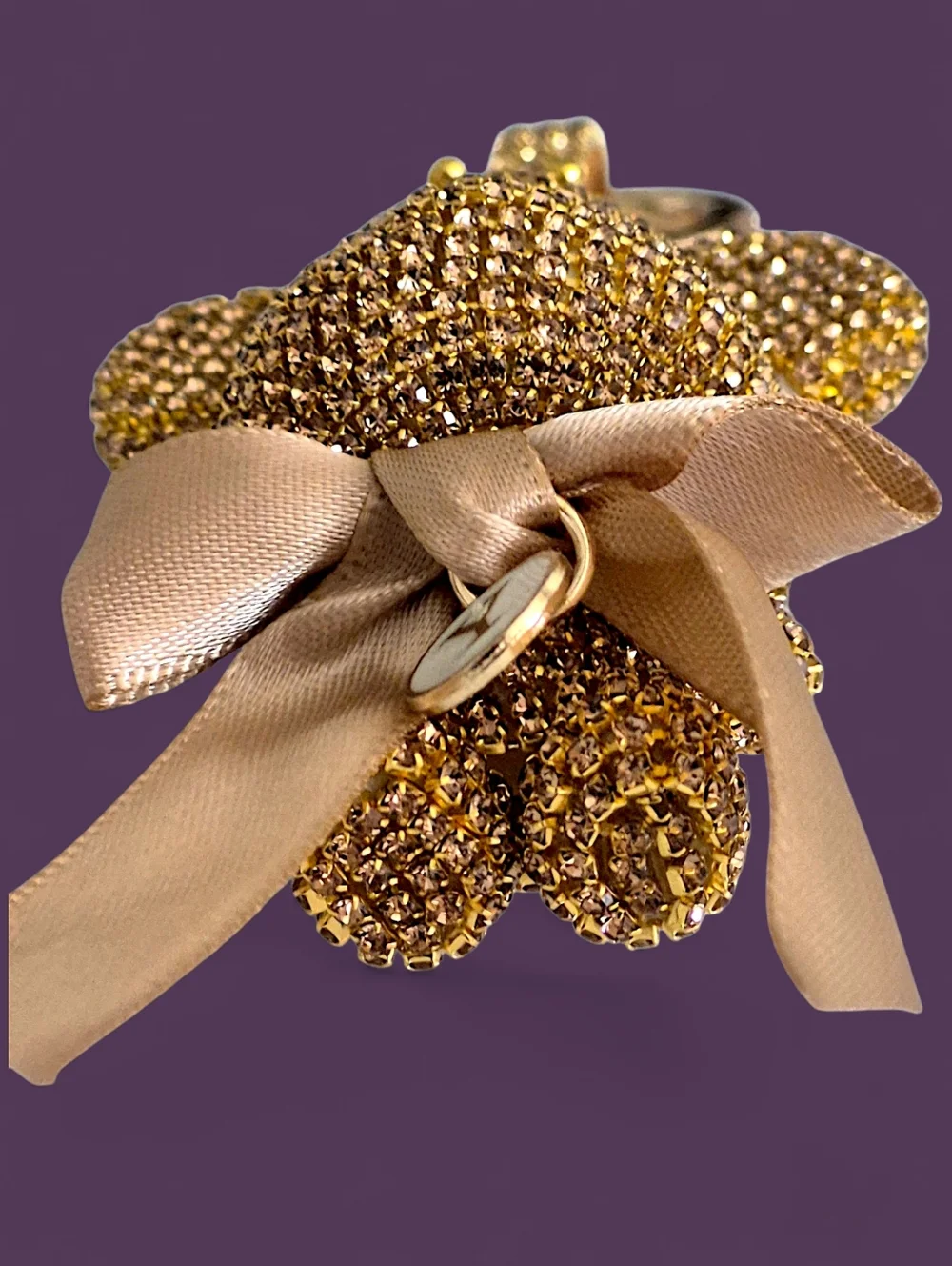 Gold Crystal Teddy Bear Bag Charm / Keychain with Crown & Bow